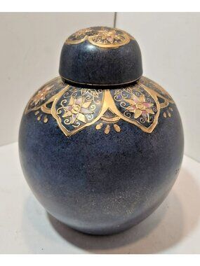 Antique Qing Dynasty Cloisonne Ginger Jar Blue & Gold Floral Handpainted